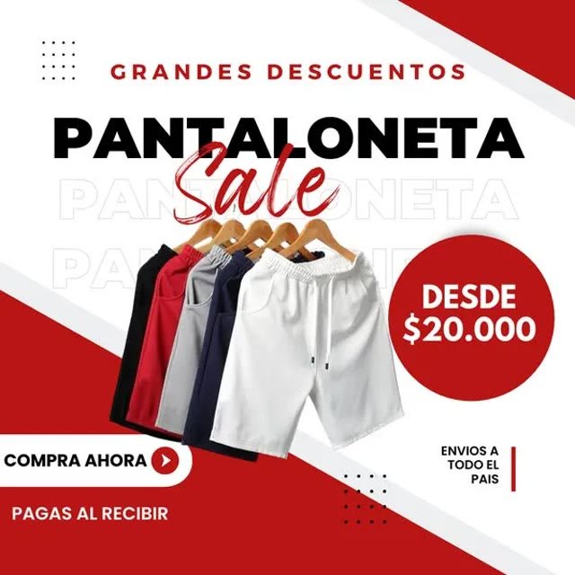 Pieza estática típica de pantalonetas en oferta con fondo rojo